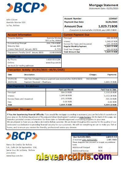 Banco de Credito Bolivia bank mortgage statement